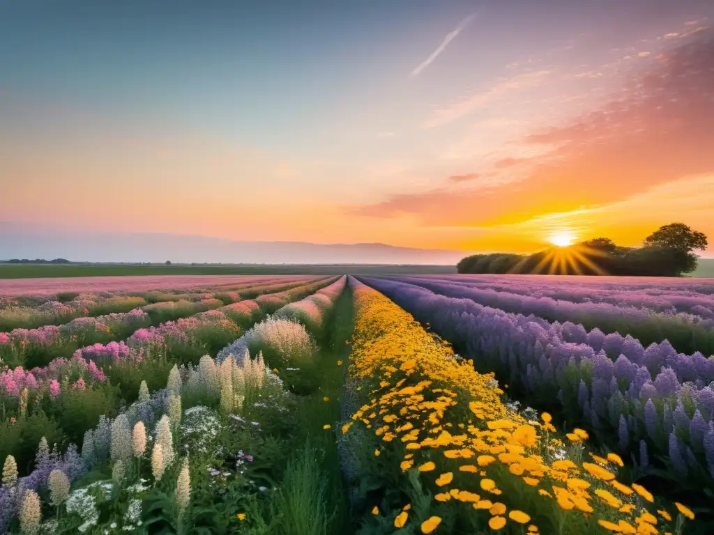 Un campo verde exuberante con flores silvestres al atardecer