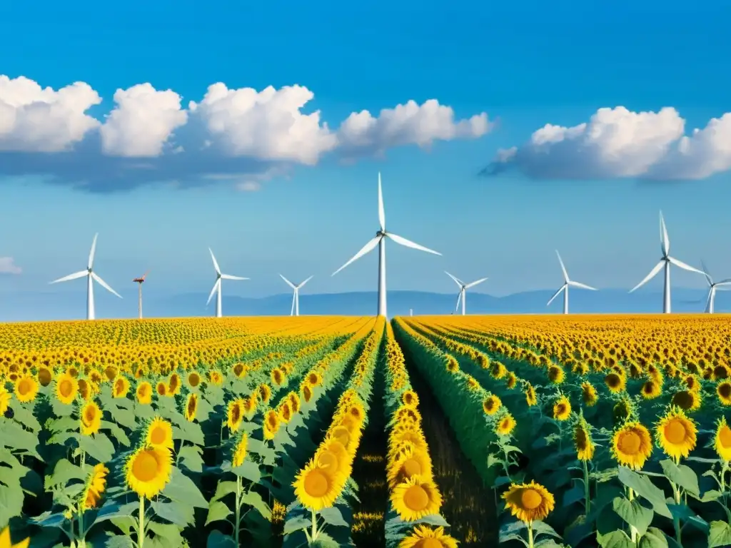 Un campo verde exuberante con girasoles vibrantes bajo un cielo azul