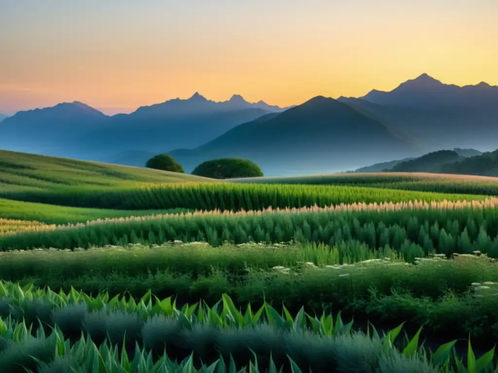 Un campo verde exuberante de plantas altas y delgadas se extiende hasta donde alcanza la vista, con el sol poniéndose detrás de las montañas distantes, bañando el paisaje con una cálida luz dorada