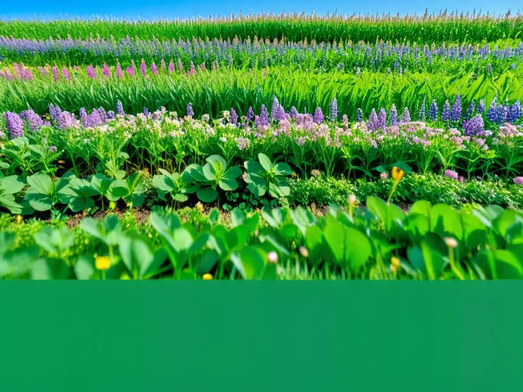 Un campo verde exuberante y vibrante con abonos verdes para huerto ecológico, flores, abejas y mariposas bajo un cielo azul claro