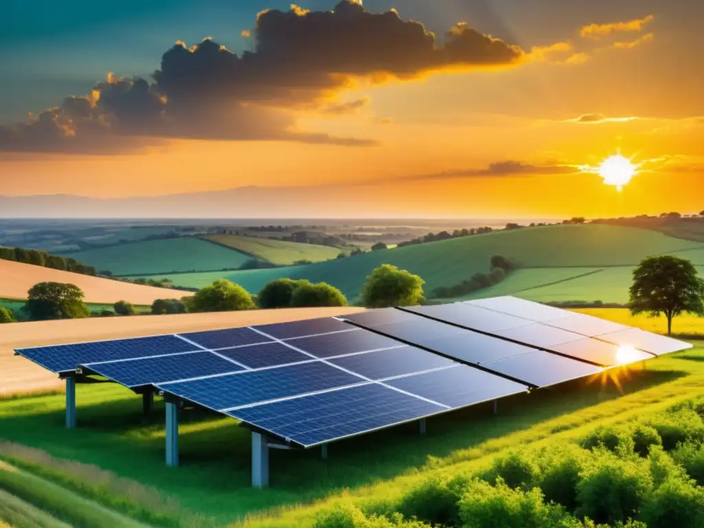 Un campo verde con paneles solares al atardecer, reflejando el cielo