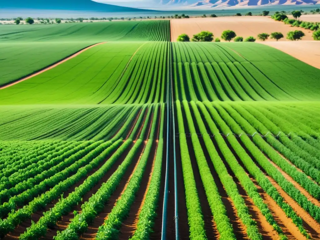 Un campo verde vibrante con líneas de riego por goteo