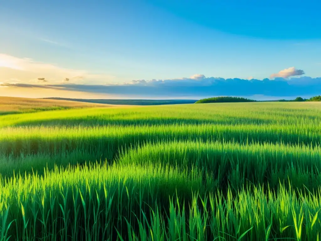 Campo de switchgrass bañado por el sol: belleza sostenible Un campo de switchgrass vibrante bañado por el sol, bordeado por un bosque denso