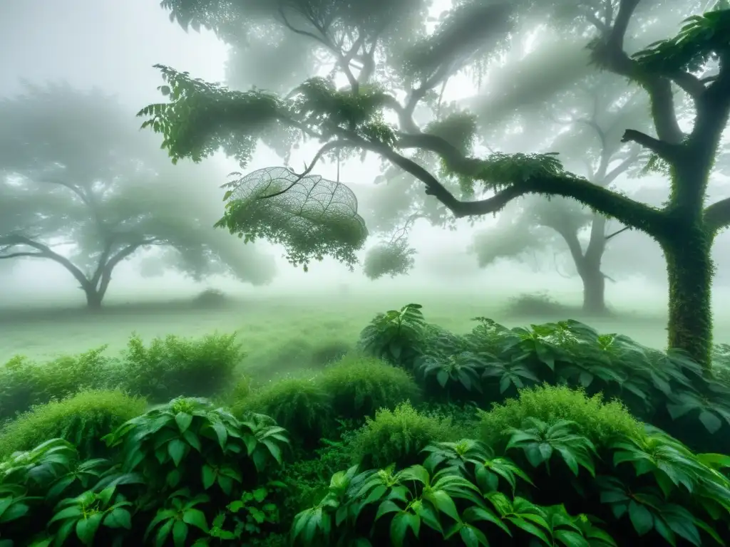 Espectacular paisaje verde envuelto en niebla y rocío Captación de niebla para riego sostenible: un paisaje verde y neblinoso con telarañas y rocío, que evoca paz y armonía con la naturaleza