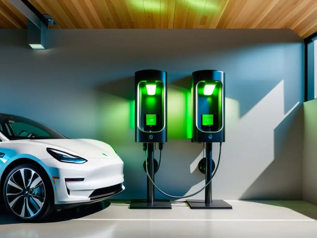 Estación de carga para coche eléctrico en garaje iluminado con 'Legislación movilidad eléctrica hogar sostenible'