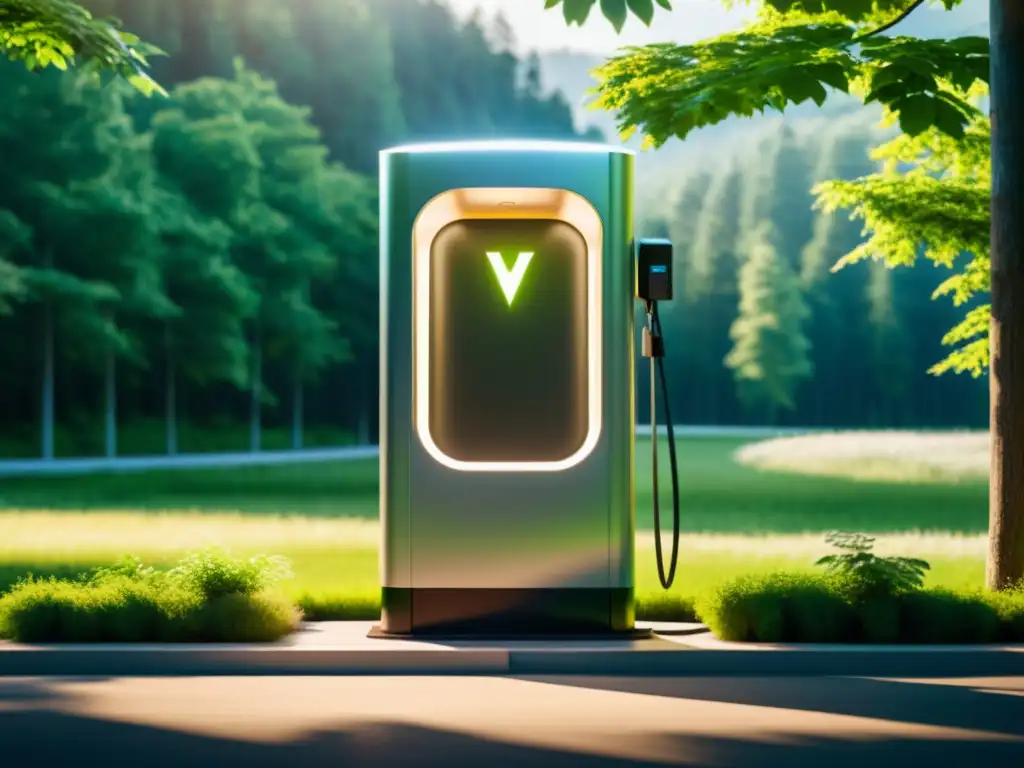 Estación de carga para vehículos eléctricos en un bosque verde, simbolizando el empleo de tecnología verde en el sector de vehículos eléctricos