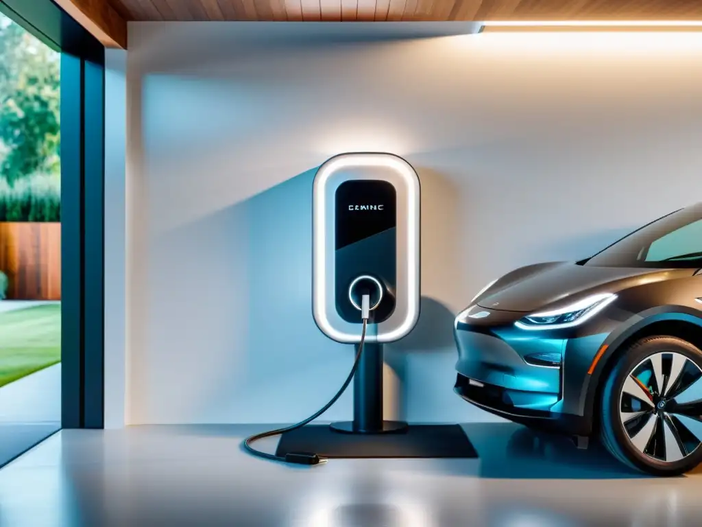 Estación de carga de vehículo eléctrico en garaje moderno Estación de carga para vehículos eléctricos en garaje moderno y ordenado