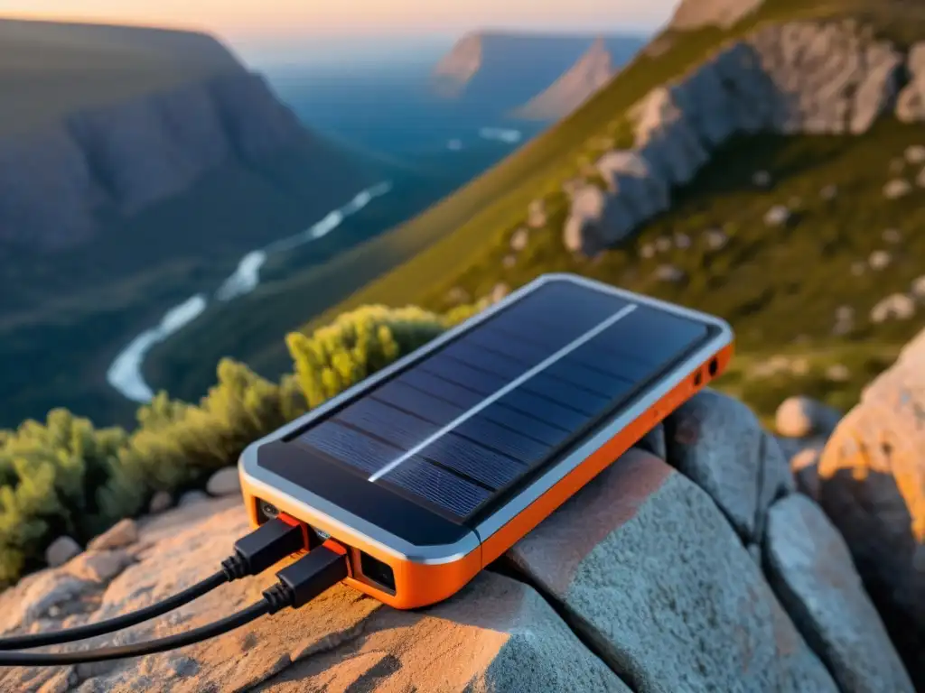 Un cargador solar portátil para dispositivos descansa en la cima de una montaña rocosa al atardecer, fusionando tecnología y naturaleza