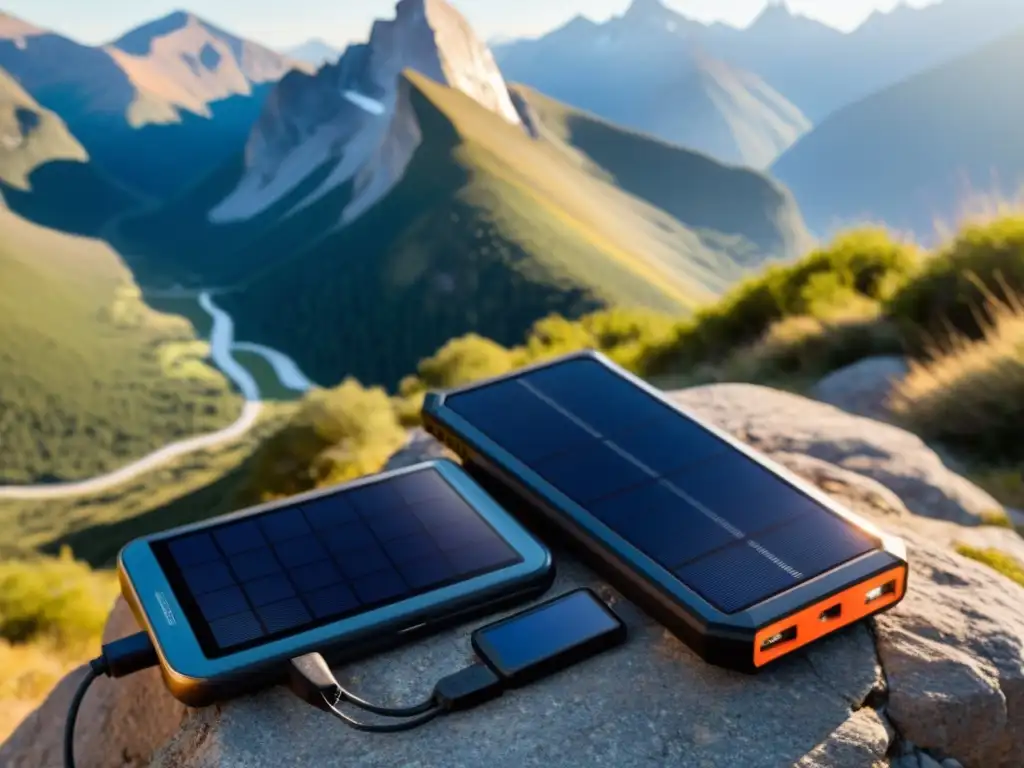 Un cargador solar portátil negro iluminando un smartphone con vista a una montaña soleada