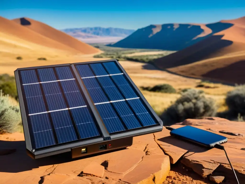 Un cargador solar portátil en un paisaje remoto, capturando la esencia de la movilidad y la autosuficiencia