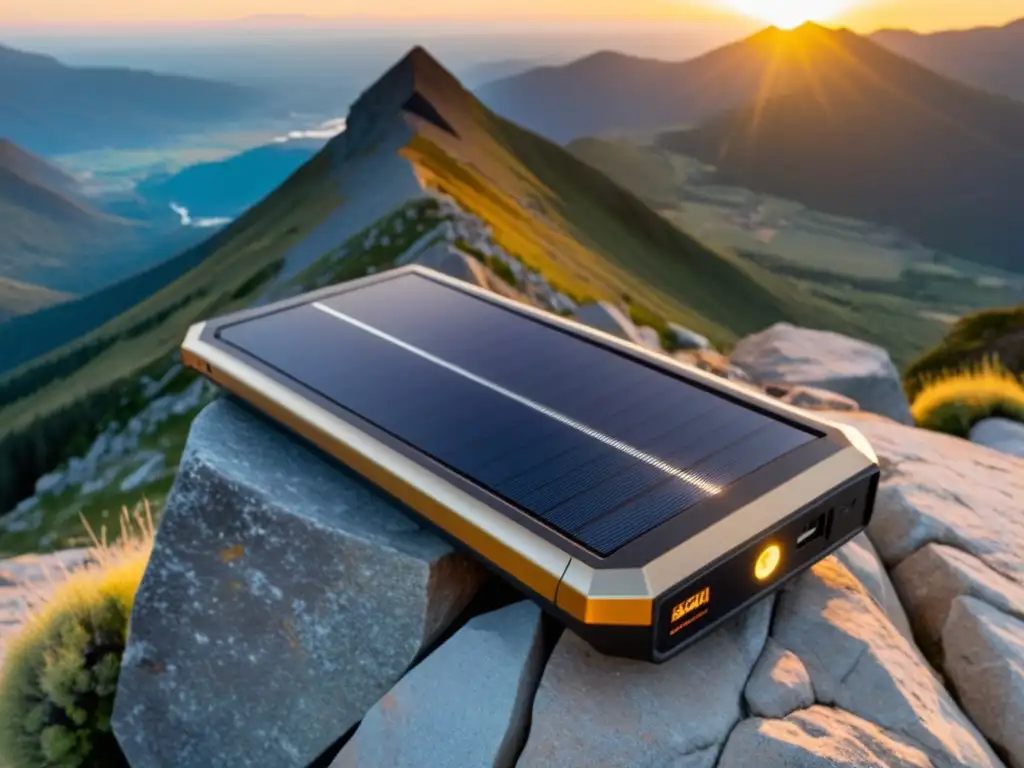 Cargadores solares portátiles para dispositivos en la cima de una montaña al atardecer, cargando smartphone y tablet con energía solar