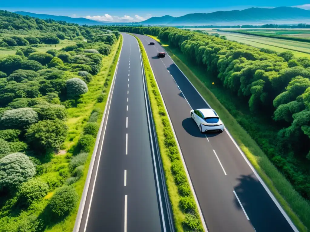 Dos carreteras paralelas con vehículos eléctricos y de combustión, destacando el contraste ambiental