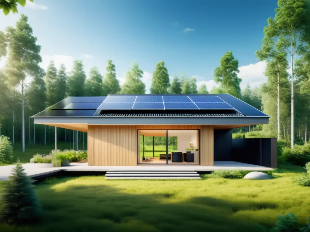 Casa finlandesa moderna rodeada de naturaleza exuberante con paneles solares, huerto y estación de reciclaje