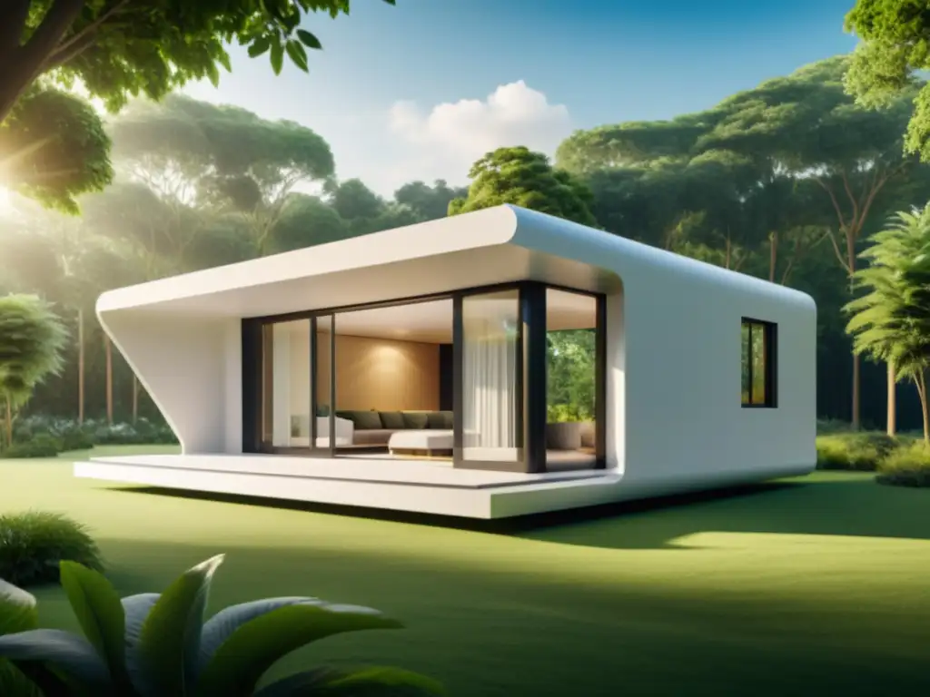 Casa 3D impresa: belleza sostenible en armonía con la naturaleza Una casa impresa en 3D sostenible, integrando la naturaleza en un diseño moderno y ecológico