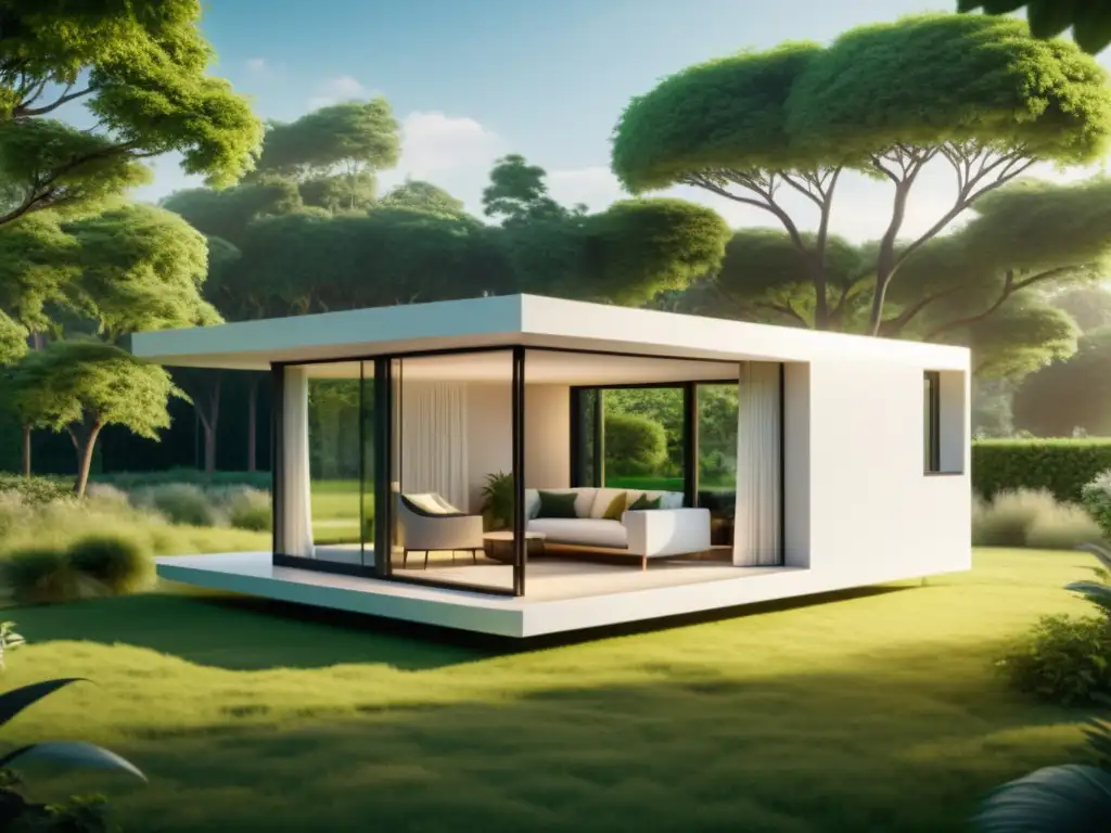 Casa sostenible 3D: elegancia natural y diseño moderno Casa impresa en 3D sostenible en paisaje verde exuberante, elegante y futurista
