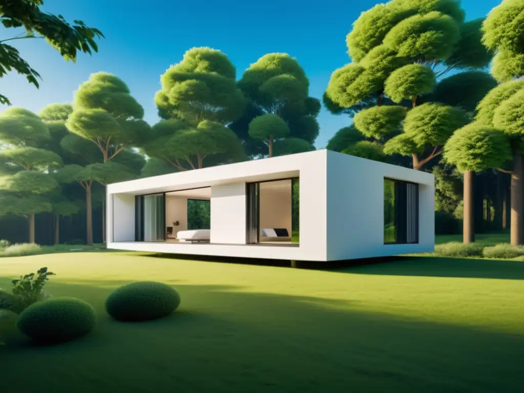 Una casa impresa en 3D sostenible se integra armoniosamente en un paisaje verde exuberante, destacando su diseño moderno y su enfoque ecológico