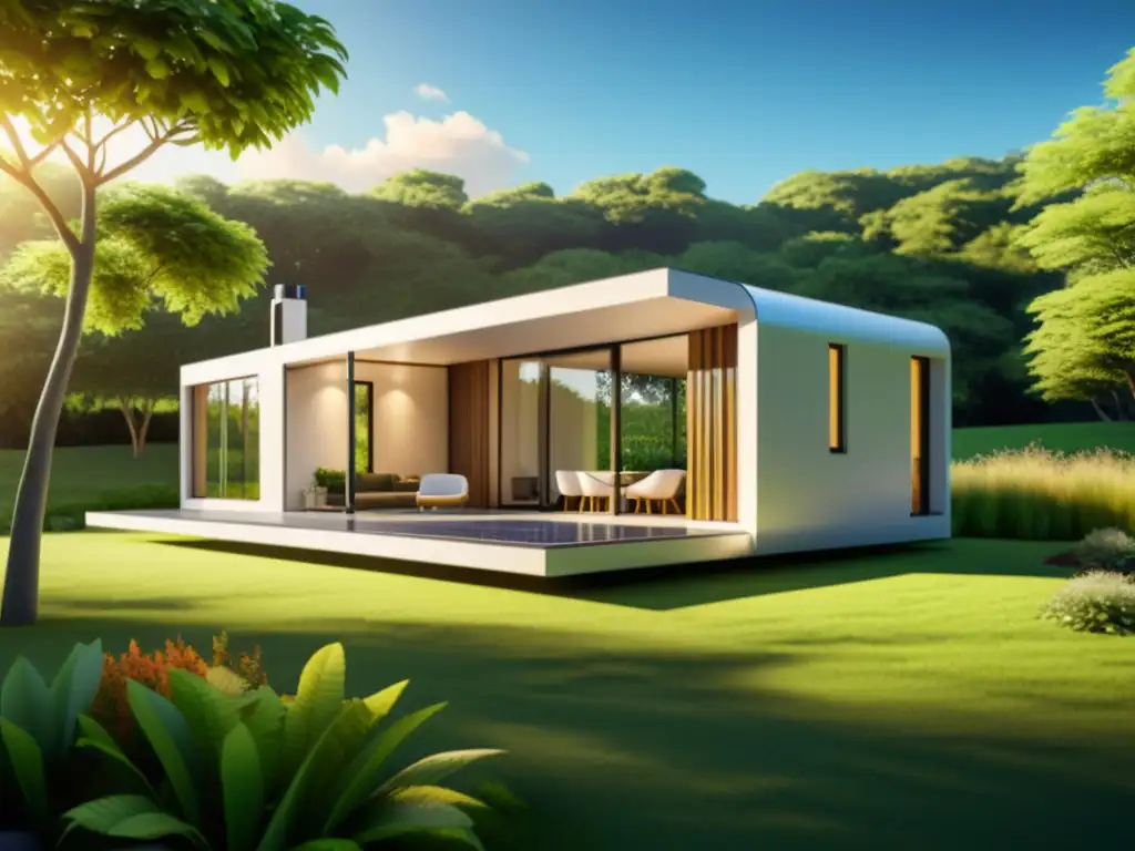 Casa impresa en 3D sostenible rodeada de exuberante paisaje verde y energía solar