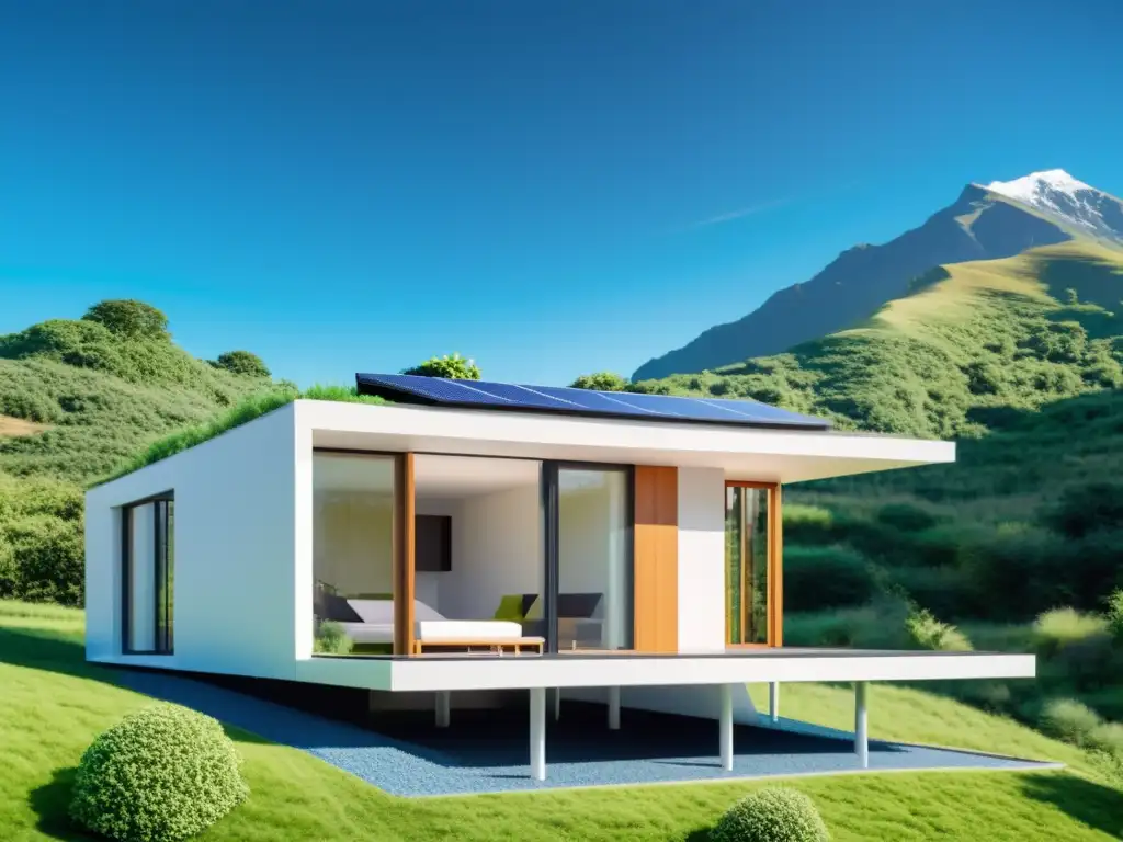 Casa sostenible 3D: diseño minimalista en entorno natural Casa impresa en 3D sostenible rodeada de naturaleza y con paneles solares en el techo, en un entorno sereno con montañas al fondo