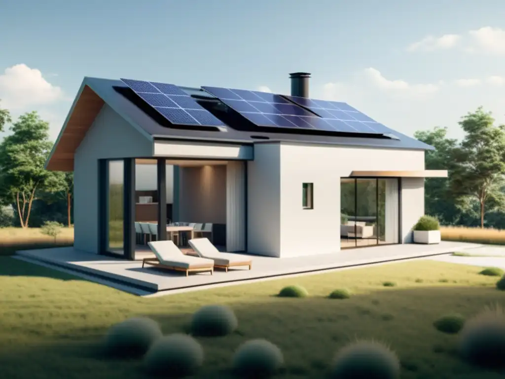 Una casa inteligente moderna con paneles solares y electrodomésticos eficientes, transmitiendo seguridad energética en hogares sostenibles