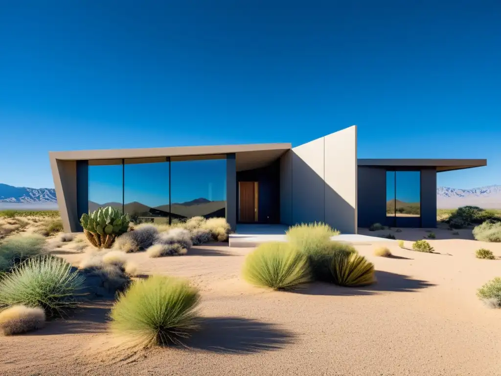 Una casa minimalista en el desierto con paneles evaporativos para climas secos, integrados de forma elegante en su diseño angular y moderno