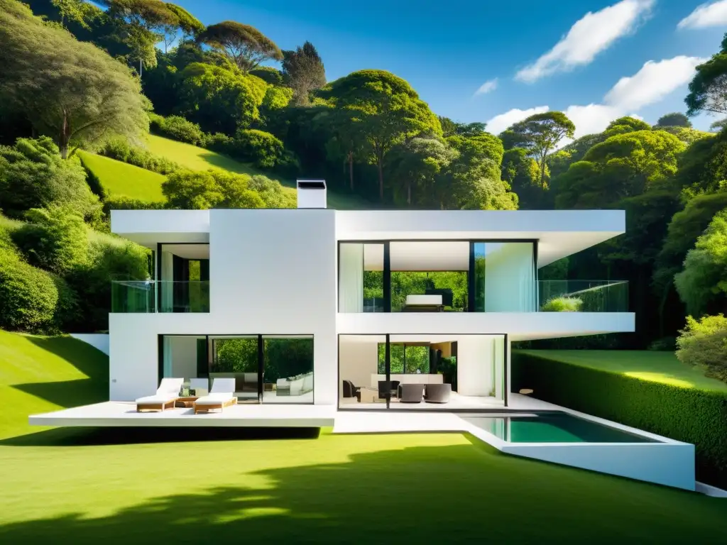 Una casa minimalista con pintura reflectante en un entorno verde, reflejando luz