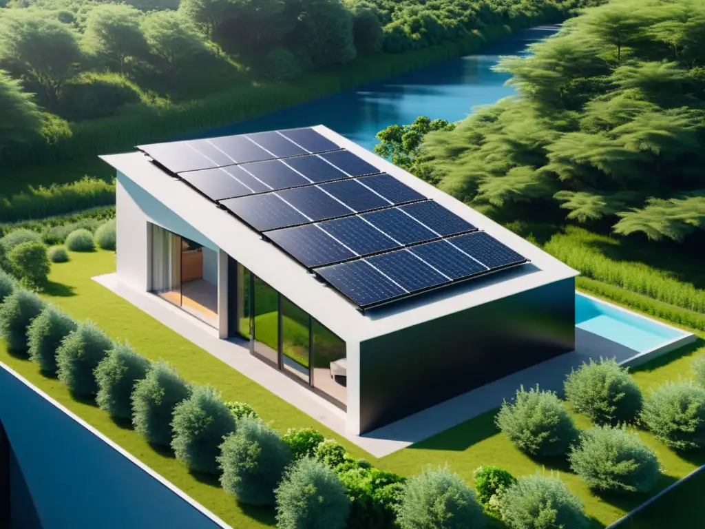 Una casa moderna, autosuficiente, con paneles solares integrados en el techo, rodeada de vegetación exuberante y cielo azul