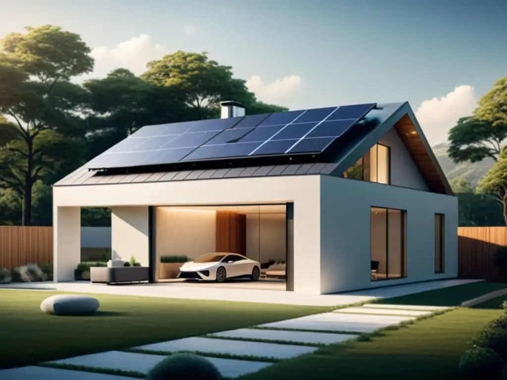 Una casa moderna con baterías para hogar sostenible IoT y paneles solares, integrando tecnología y energía limpia