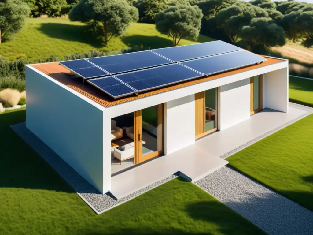 Una casa moderna con baterías solares integradas en el techo, reflejando eficiencia máxima y diseño ecológico