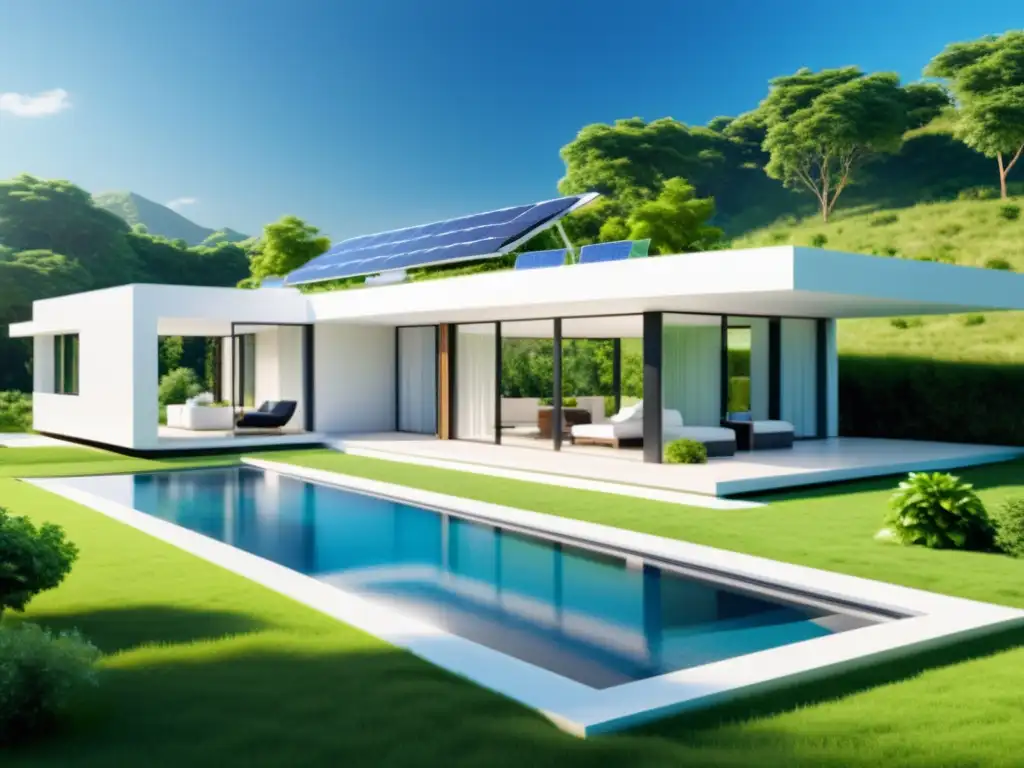 Una casa moderna blanca impecable con paneles solares integrados en su diseño minimalista