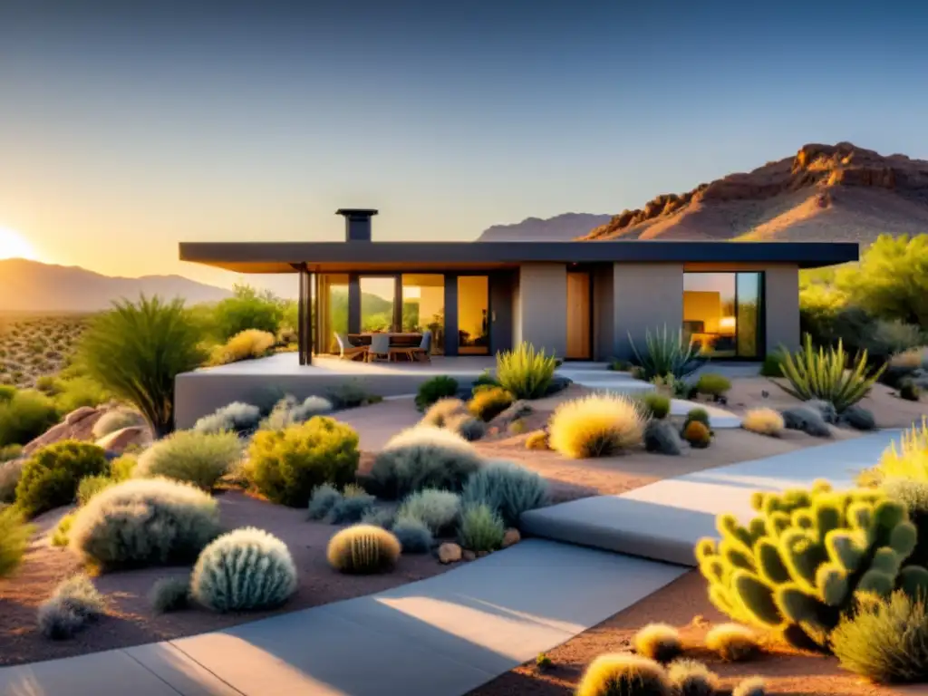 Una casa moderna en el desierto con diseño de permacultura sostenible, integrando jardinería, captación de agua de lluvia y diseño solar pasivo