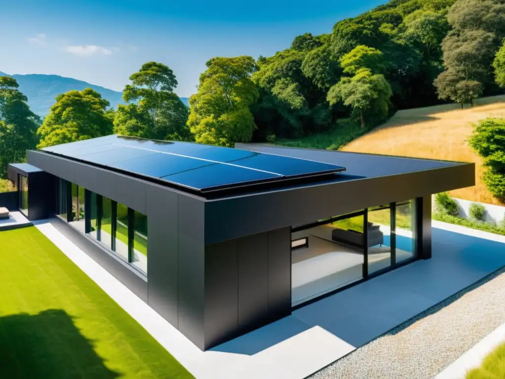 Una casa moderna con diseño minimalista incorpora células solares orgánicas para hogar sostenible, fusionando tecnología y estilo contemporáneo