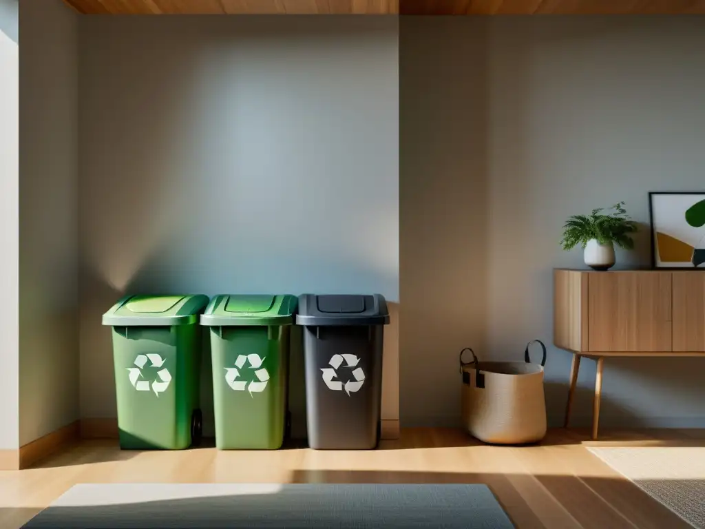 Una casa moderna y ecológica con contenedores de reciclaje organizados, integrando normativas gestión residuos hogar sostenible