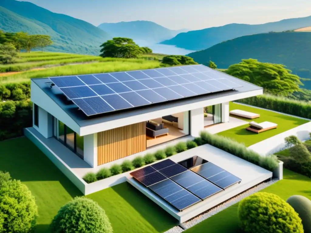 Una casa moderna y ecológica con paneles solares en el techo, rodeada de exuberante vegetación