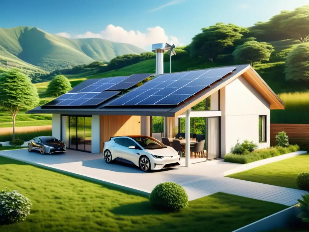 Casa moderna y ecológica con paneles solares, turbinas eólicas y estación de carga de coche eléctrico