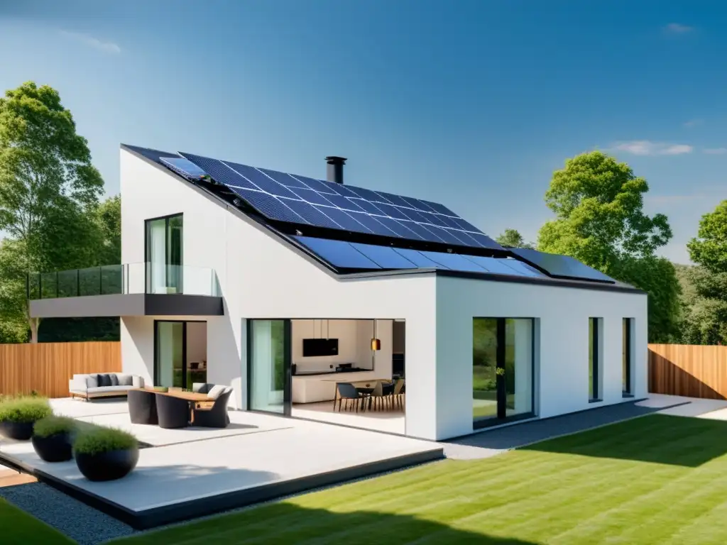 Una casa moderna y eficiente con baterías domésticas energía solar integradas en su diseño, evocando innovación ecofriendly