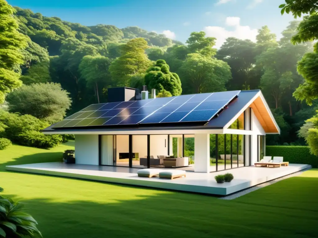 Una casa moderna y eficiente energéticamente, con paneles solares, electrodomésticos eficientes y tecnología domótica