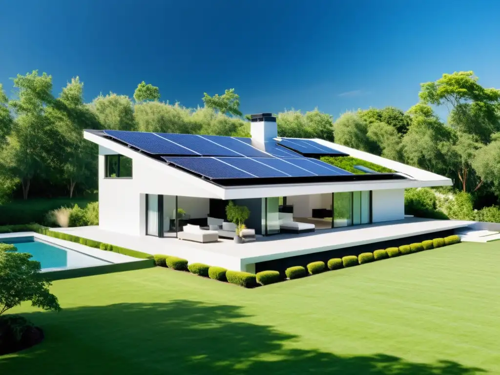 Una casa moderna y energéticamente eficiente con paneles solares en el techo, rodeada de exuberante vegetación y cielos azules