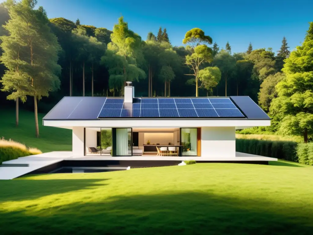 Casa moderna y eficiente con paneles solares, rodeada de vegetación, capturando el calor residual para hogar