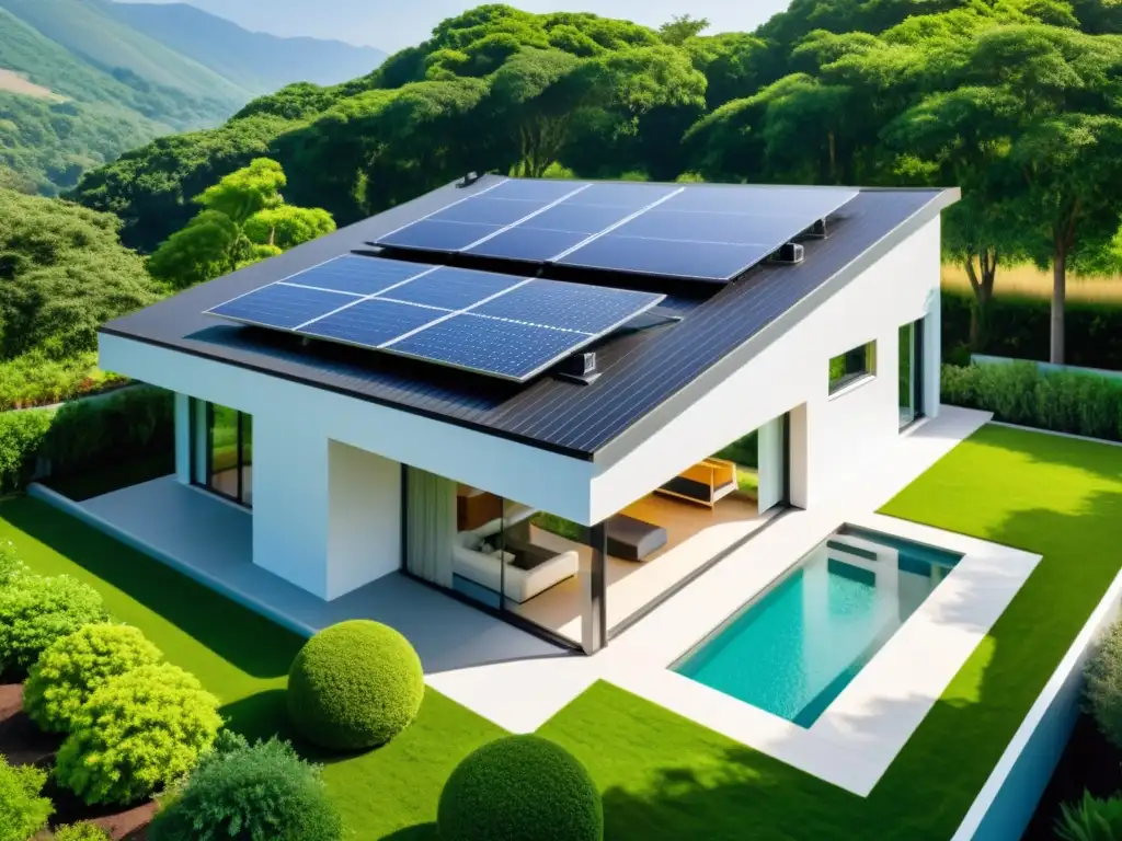 Una casa moderna y energéticamente eficiente con paneles solares, rodeada de exuberante vegetación