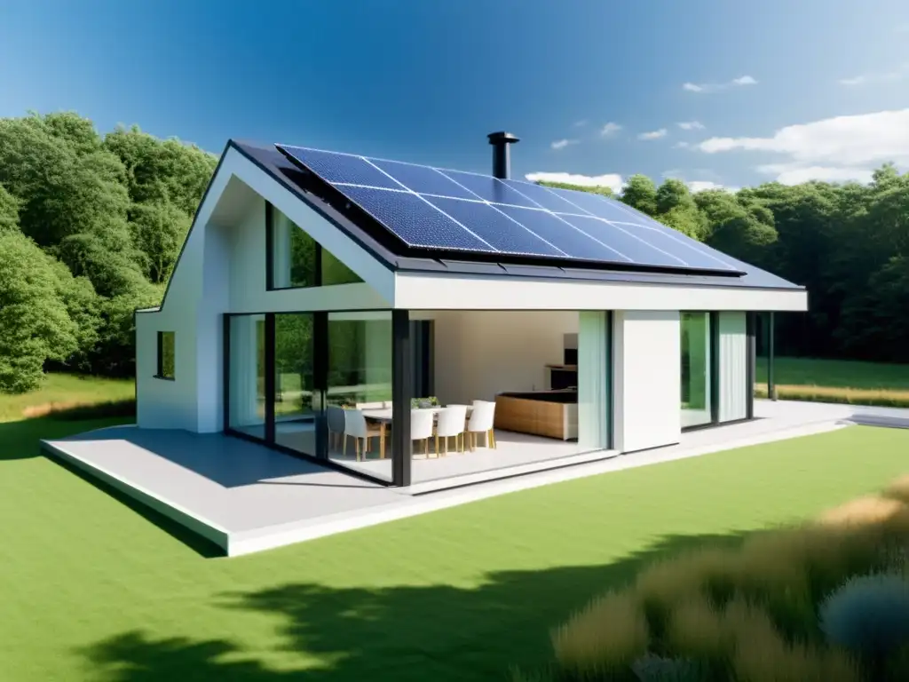 Una casa moderna y energéticamente eficiente con sistemas integrados de bioenergía: paneles solares, turbinas eólicas y techo verde