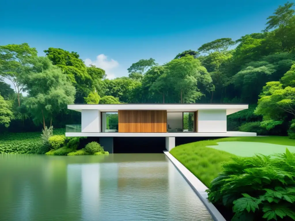 Una casa moderna elevada rodeada de exuberante vegetación, con barreras inteligentes contra inundaciones integradas de forma innovadora en el paisaje