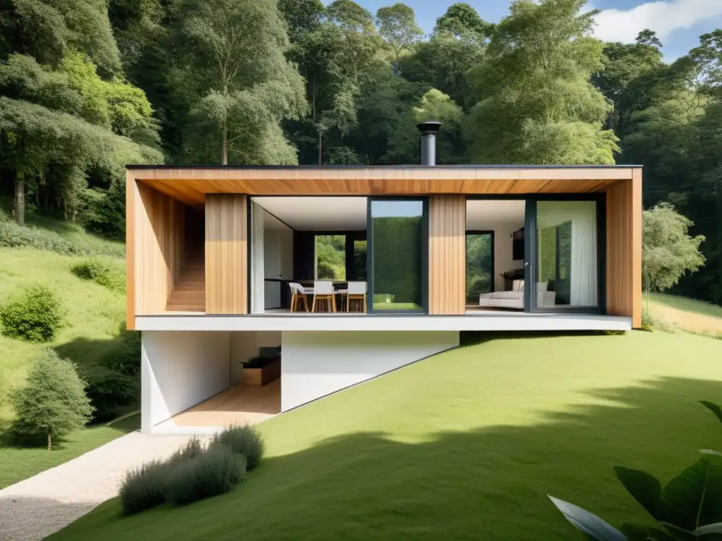 Una casa ecológica moderna integrada en un paisaje verde, con opciones ecológicas de aislamiento natural para un hogar sostenible y cálido