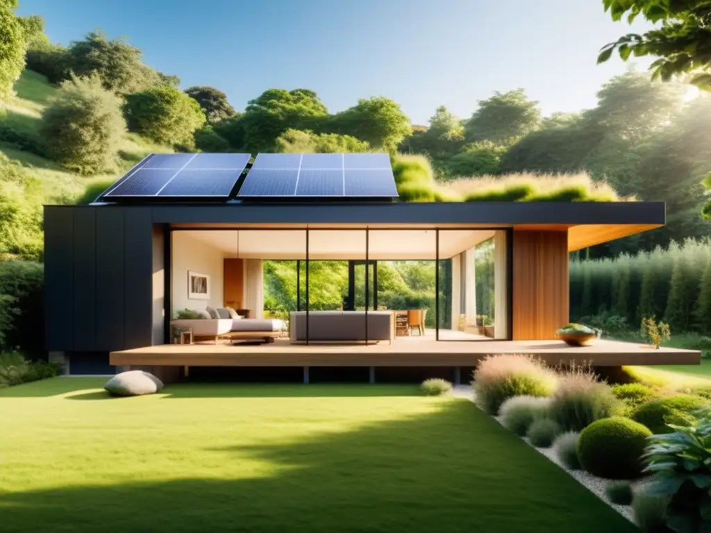 Una casa moderna y minimalista con energía solar, rodeada de naturaleza exuberante