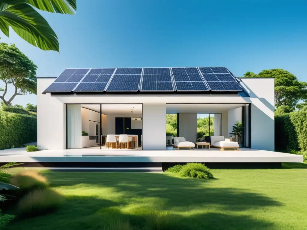 Una casa moderna y minimalista con paneles solares en el techo, rodeada de exuberante vegetación bajo un cielo azul claro