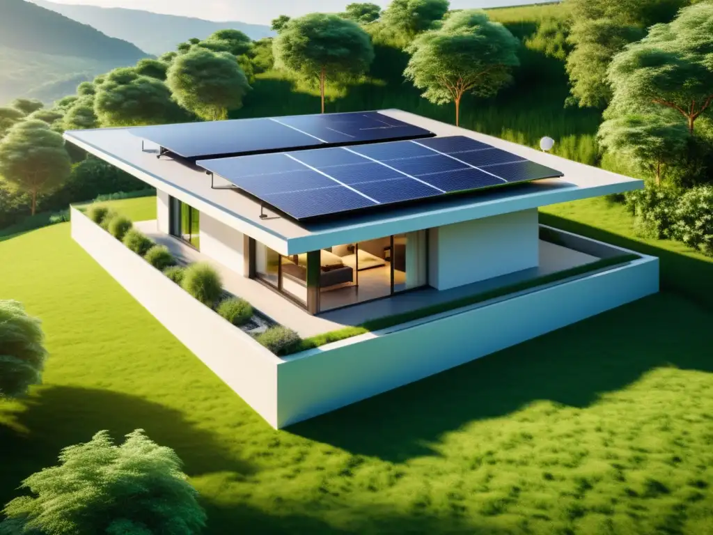 Una casa moderna y minimalista con paneles solares en el techo, rodeada de vegetación exuberante y bañada por la luz cálida del sol