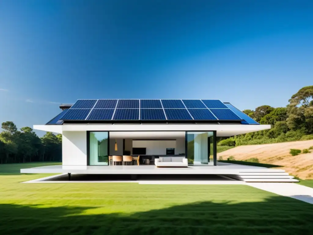 Una casa moderna y minimalista con paneles solares transparentes integrados en ventanas y techo, iluminada por luz natural