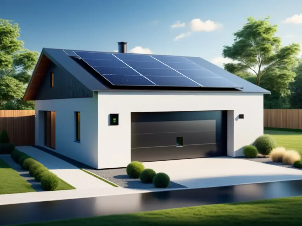 Una casa moderna con paneles solares en el techo y un sistema sofisticado de almacenamiento de energía en el garaje, transmitiendo hogar sostenible