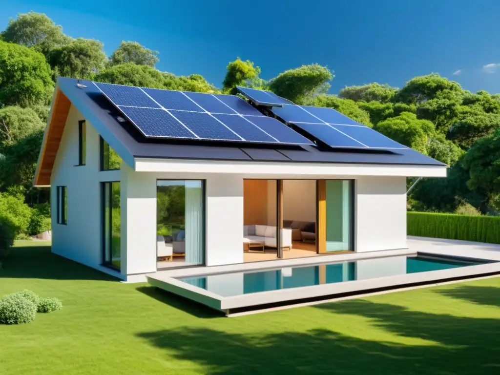 Casa moderna con paneles solares integrados, rodeada de naturaleza, simbolizando los beneficios de las energías renovables para combatir el cambio climático