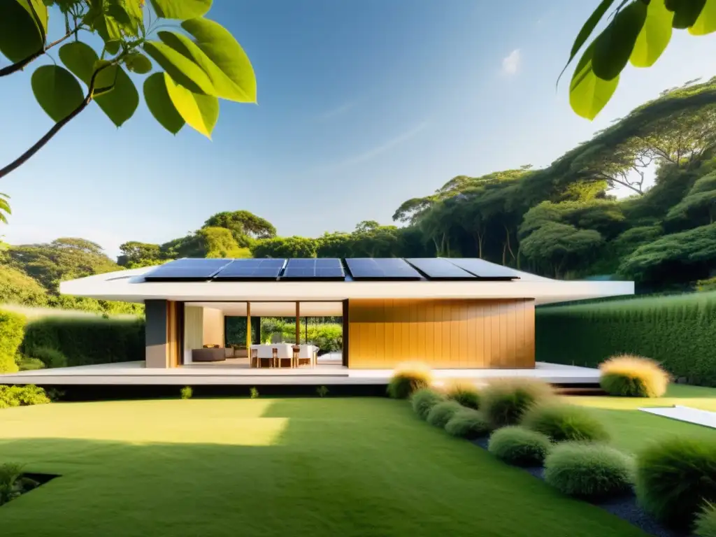 Casa moderna con paneles solares integrados en armonía con la naturaleza