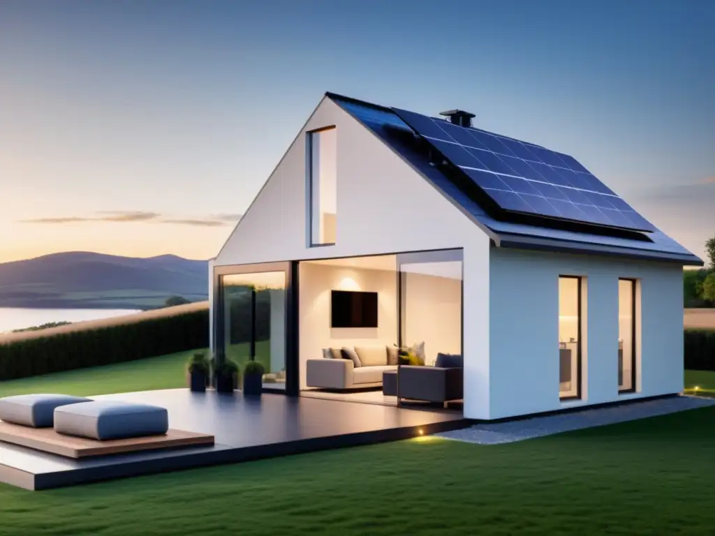 Una casa moderna con paneles solares, baterías de energía sostenible y sistema de gestión energética